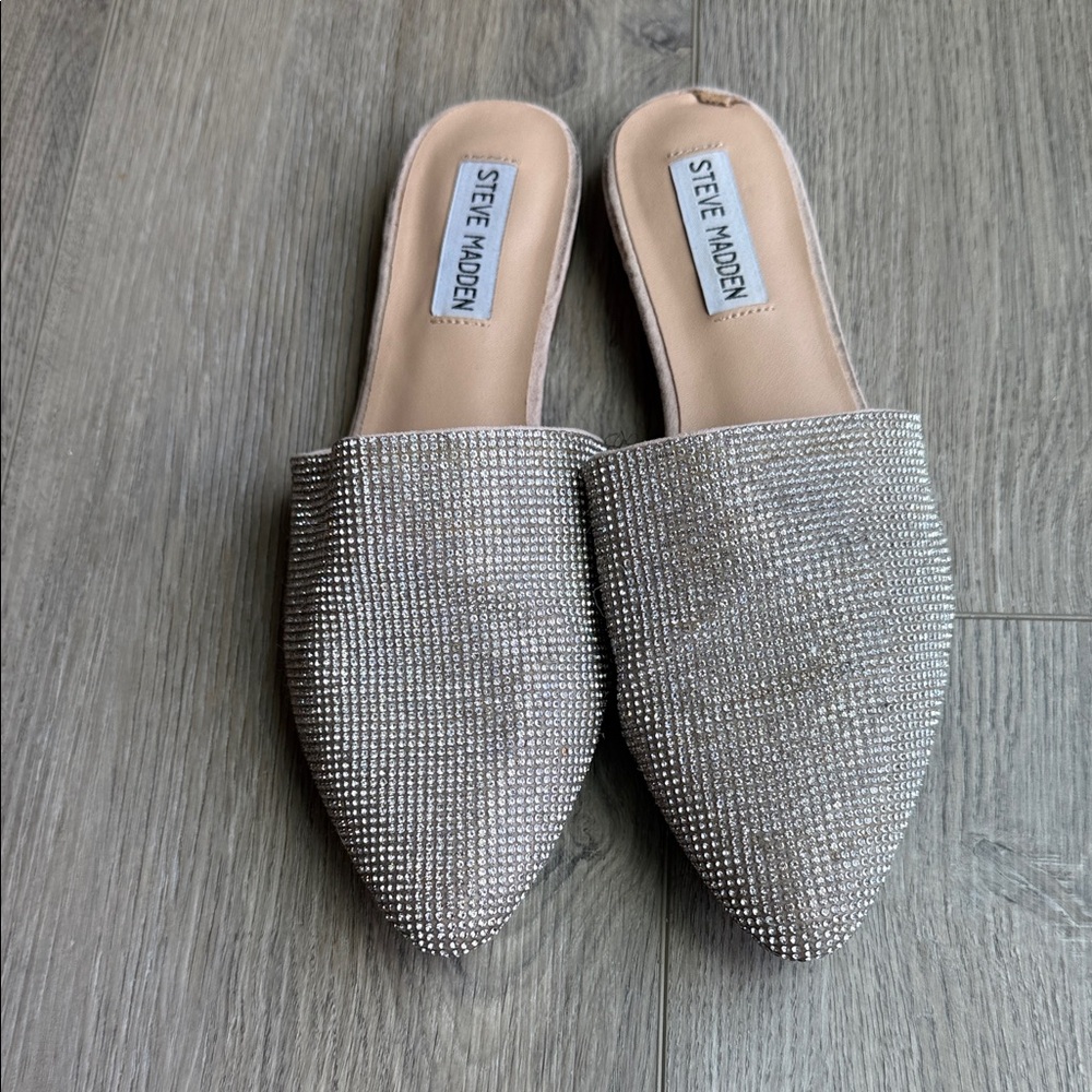 Steve Madden Silver Rhinestone Pointed-Toe Slip-On Mules